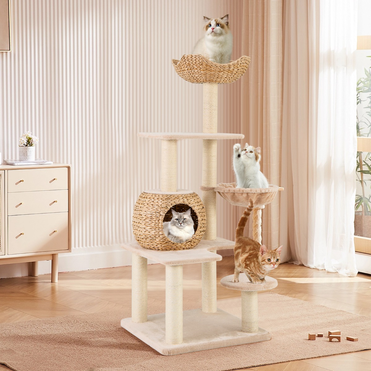 Kratzbaum mit Katzenhöhle 150 cm hoch Katzenbaum mit Hängematte bis 10 kg Beige+Natur