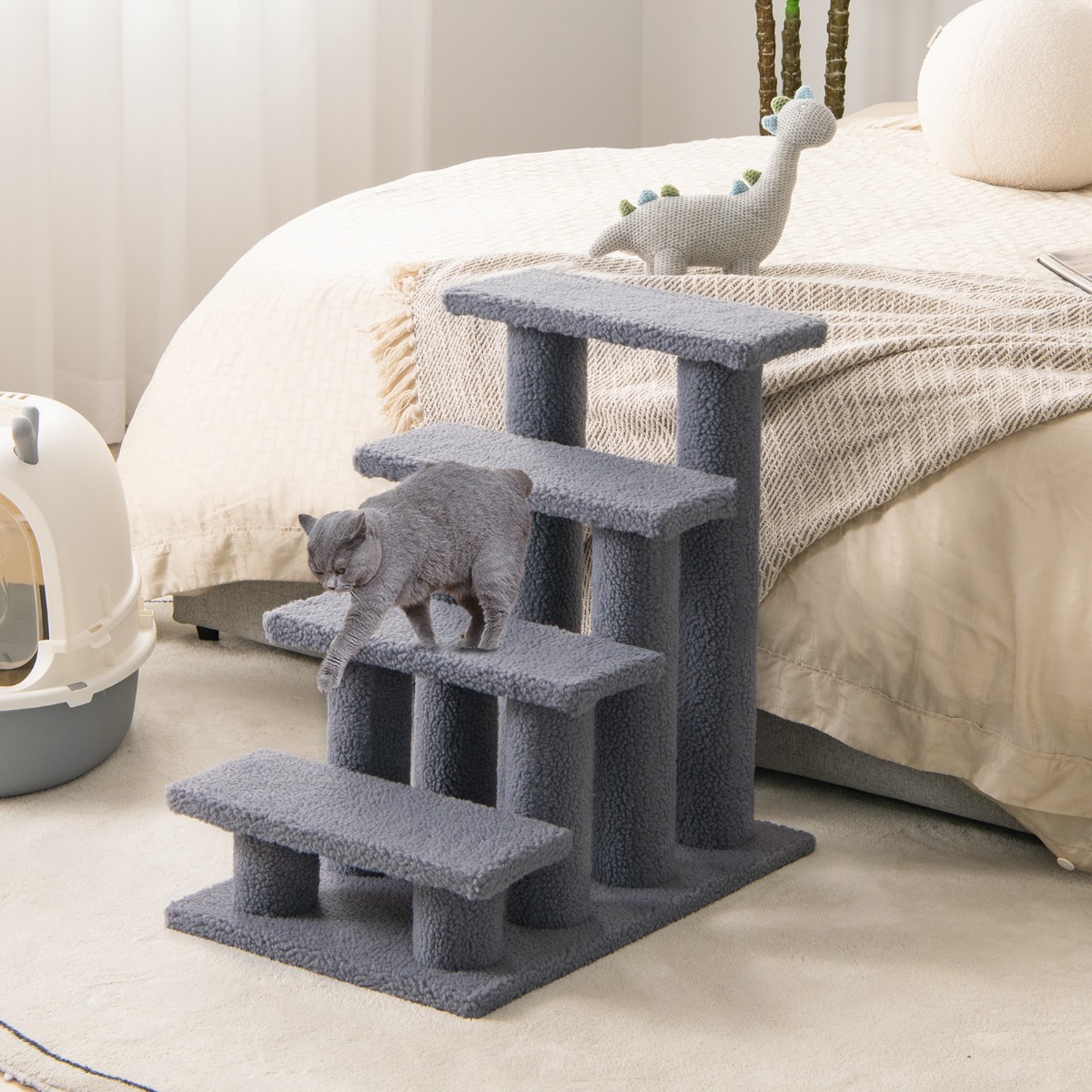 Tiertreppe Kletterbaum Katzentreppe für Katze bis 25 kg 61 x 41 x 60 cm Grau