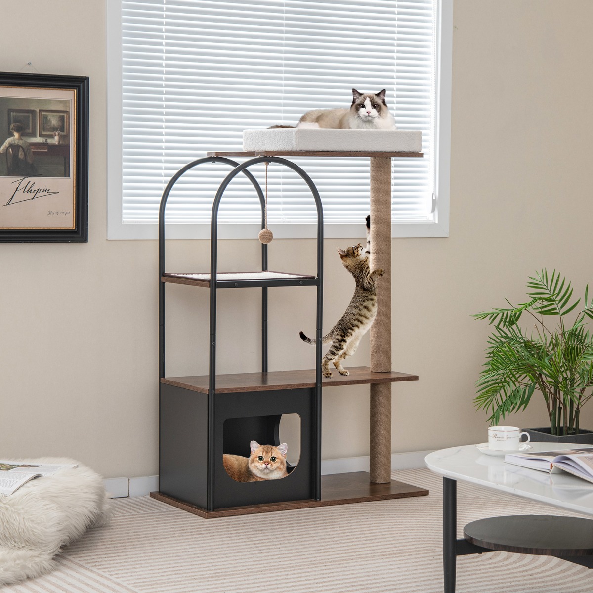 118 cm hohe Katzenbaum-Turm mit Metallrahmen Klettermöbel für Katzen