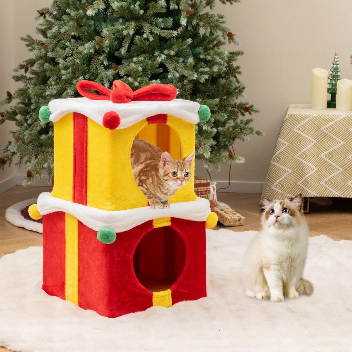 2-stöckige Weihnachten Katzenhöhle mit Schleife & Ball Stapelbare Geschenkboxen Katzenhaus