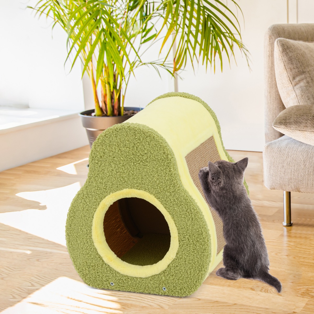 Avocado-förmiges Katzenhaus mit Jutekratzbrett & Bergförmigem Dach Niedliches Katzenunterkunft