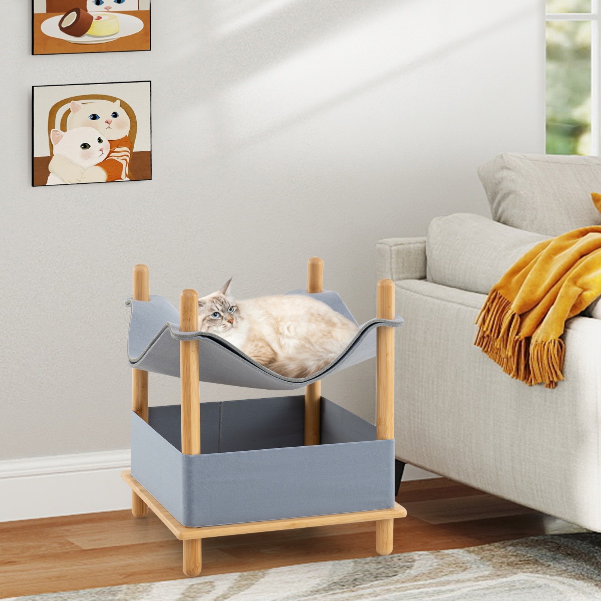 Katzenhaus 2 Etagen Bambus erhöhtes Katzenbett mit Stauraum 40 x 40 x 53 cm Natur+Grau