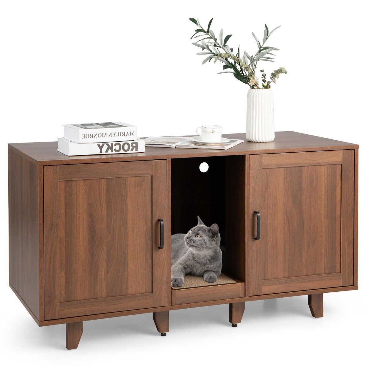 Katzenschrank für Katzentoilette mit 2 Türen & Kratzbrett & Eingang 120 x 52 x 65 cm Kaffee