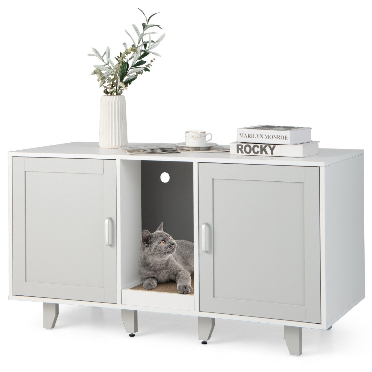 Katzenschrank für Katzentoilette mit 2 Türen & Kratzbrett & Eingang 120 x 52 x 65 cm Hellgrau
