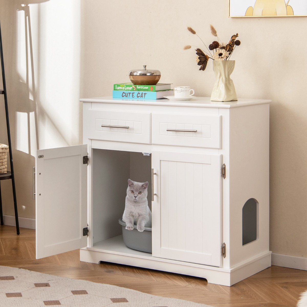 Katzenschrank für Katzentoilette mit 2 Schubladen & 2 Türen & Eingang Katzenklo Katzenhaus