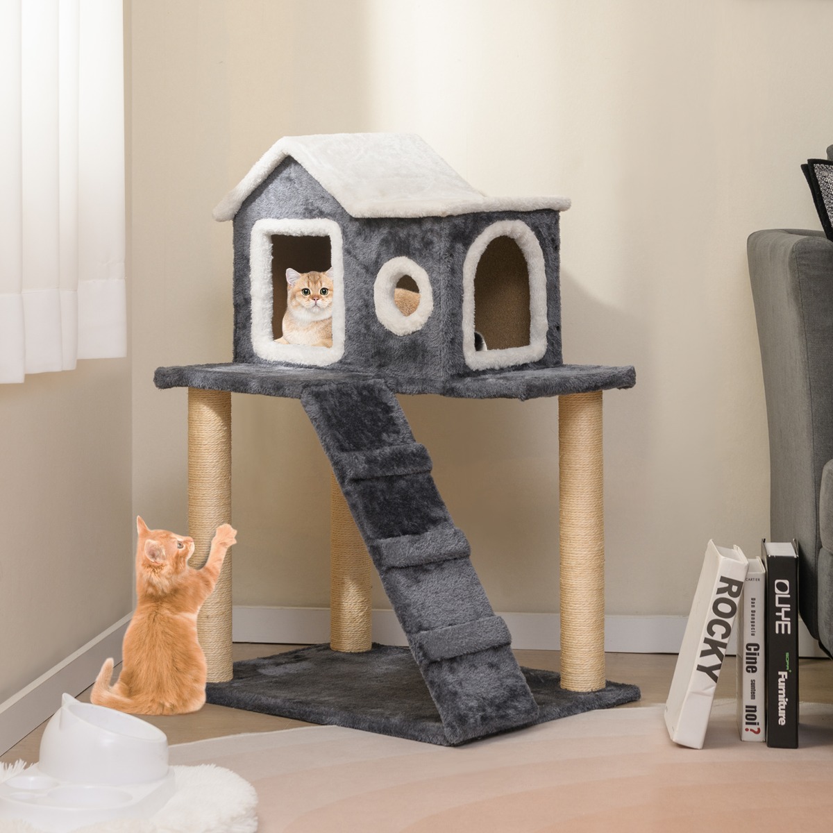 90 cm Hoch Kratzbaum mit Großer Höhle & Leiter & Sisalstämmen Katzenbaum Kletterbaum Grau