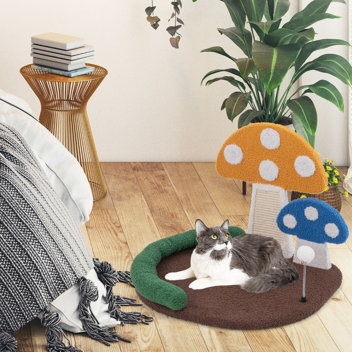 Kratzbaum in Pilzoptik mit Katzenbett & Sisal-Kratzbrett & Federball & Kopfstütze Katzenbaum