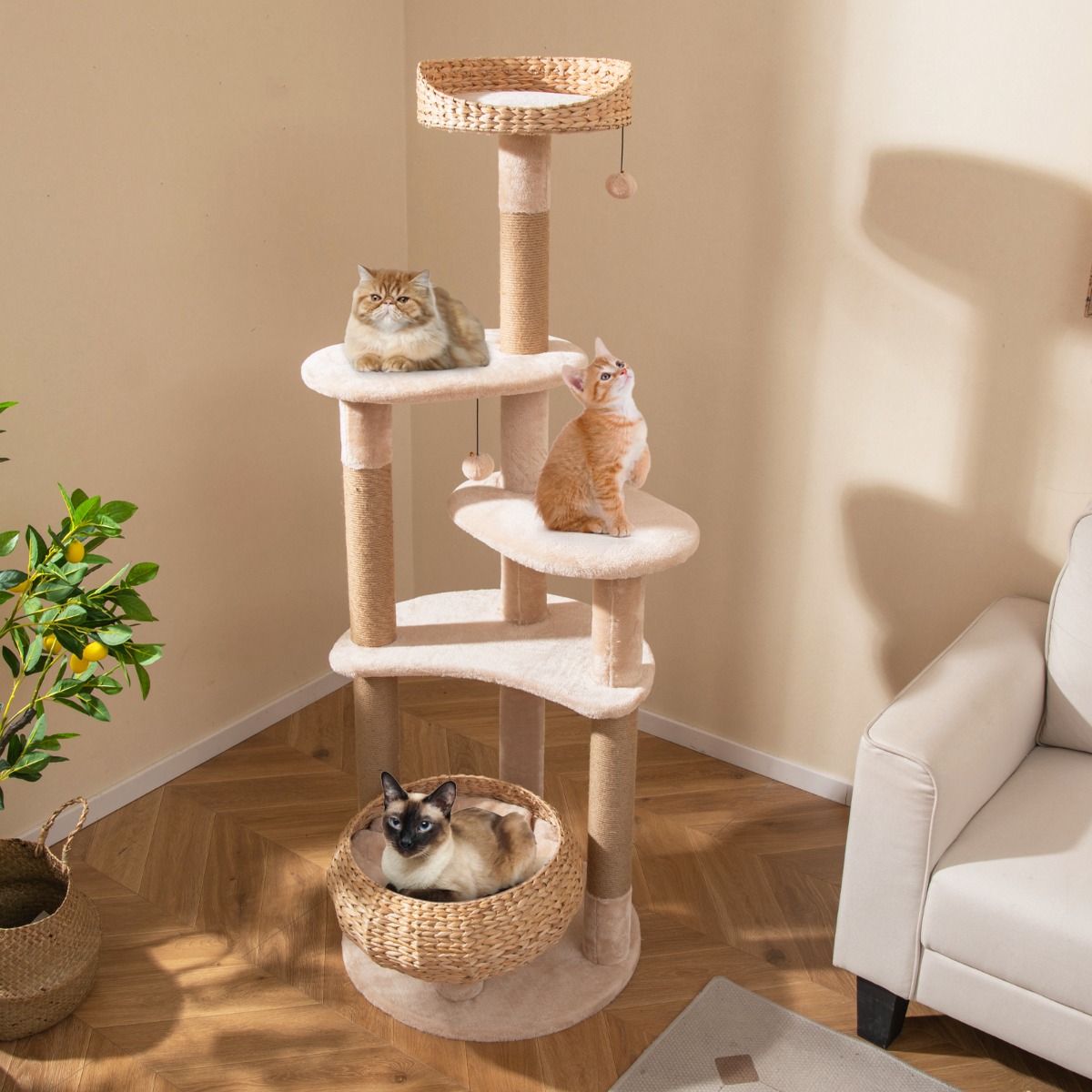 164 cm Kratzbaum mit Sitzstange & Rohrkolben Korbbett 6-stöckiges Kletterbaum Katzenbaum