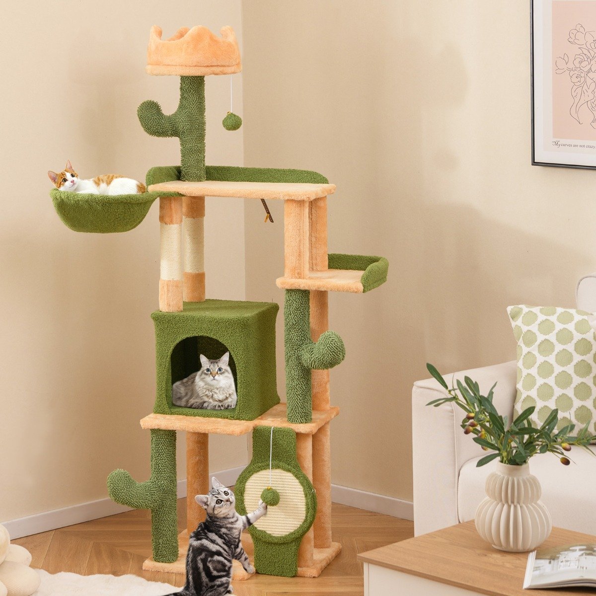 Kratzbaum Kaktus 160cm Katzenbaum mit Katzenhöhle Katzenkratzbaum Spielbaum Holz