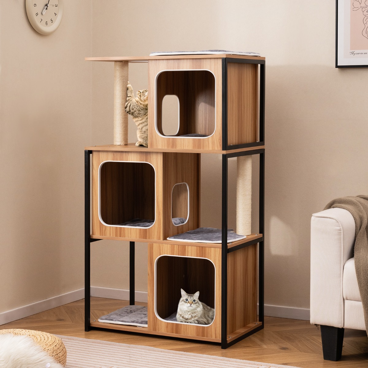 2 in 1 Kratzbaum Katzenhaus 3 Etagen Katzenbaum mit Abnehmbaren Kissens & Katzenhöhle