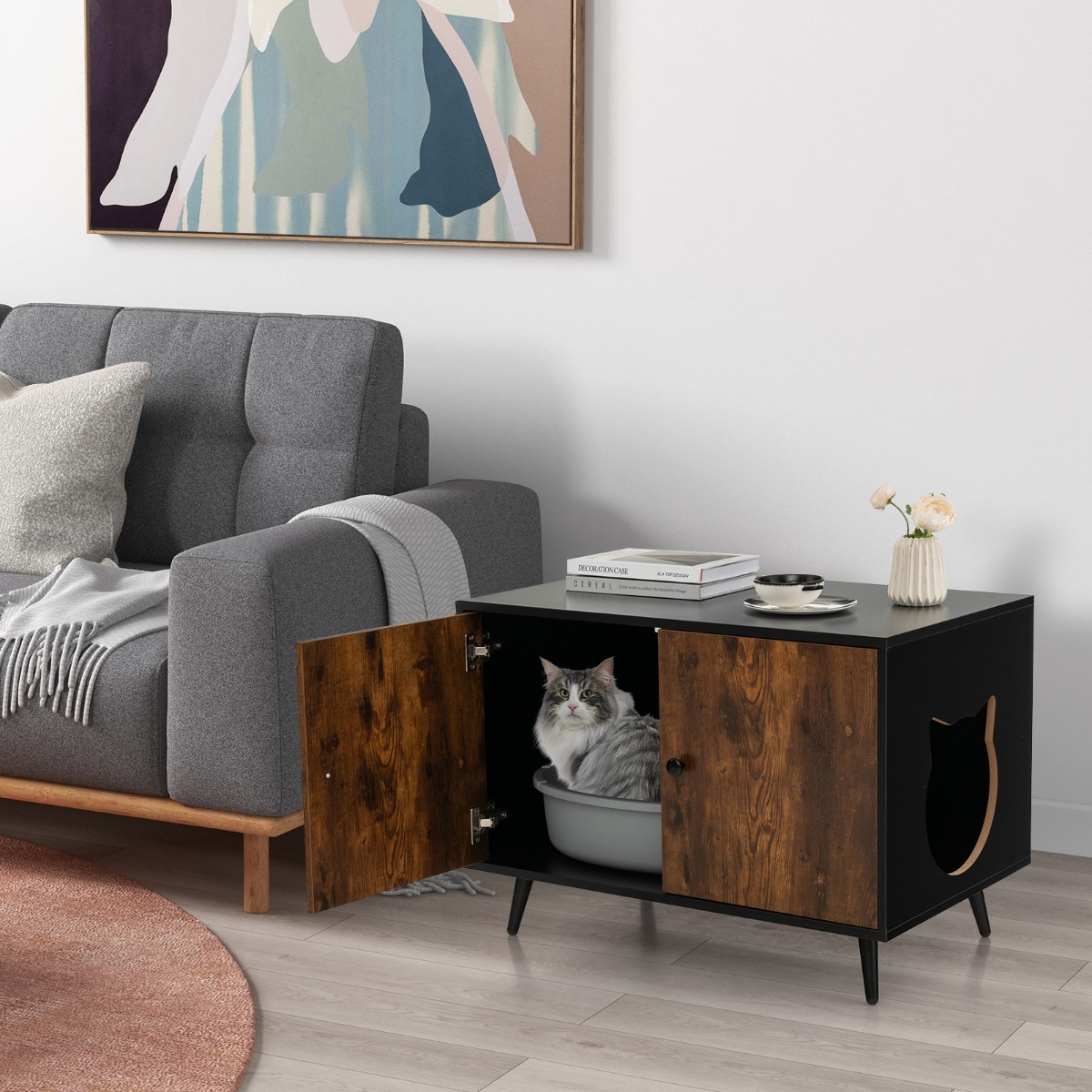 Katzenschrank Katzentoilette Katzenhaus mit Doppeltüren & Eingang 80 x 50 x 57 cm Schwarz + Natur