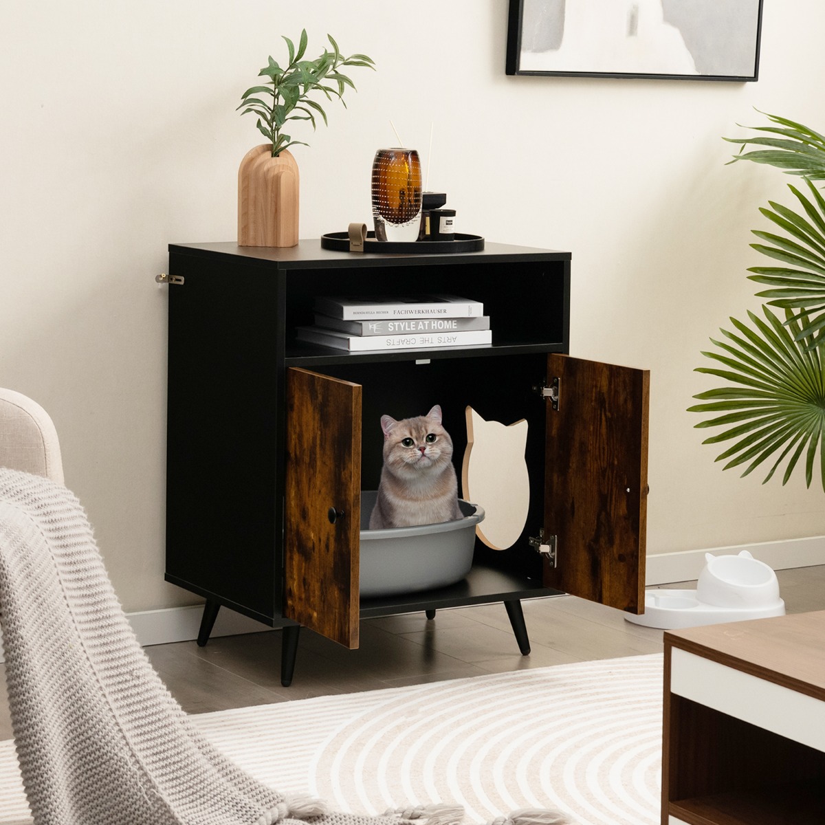 Katzenschrank Katzentoilette Katzenhaus mit Doppeltüren & Eingang 60 x 45 x 75 cm Schwarz + Natur