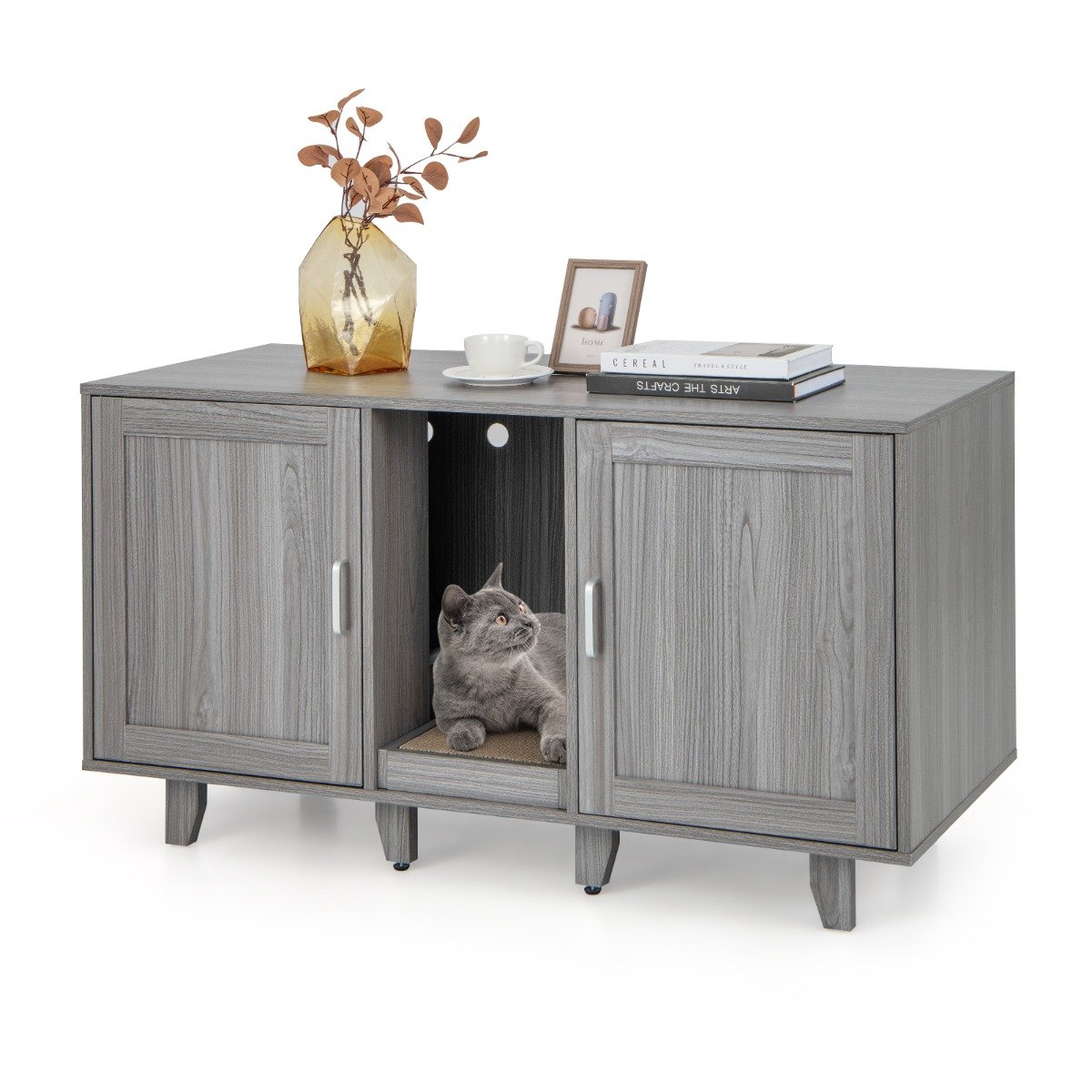 Katzenschrank für Katzentoilette mit Kratzbrett & 2 Türen & Eingang 120 x 52 x 65 cm Grau
