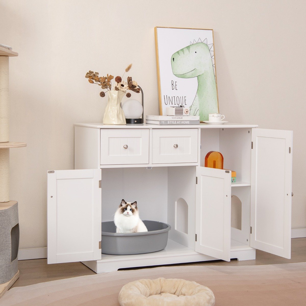 Versteck für die Katzentoilette mit 2 Schubladen & 3 Türen Holz Katzenschrank Katzenmöbel