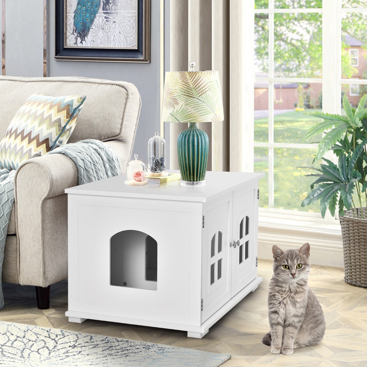 Katzentoilettengehäuse Katzenhaus mit Doppeltüren und Fenstern Dekorative Katzentoilette