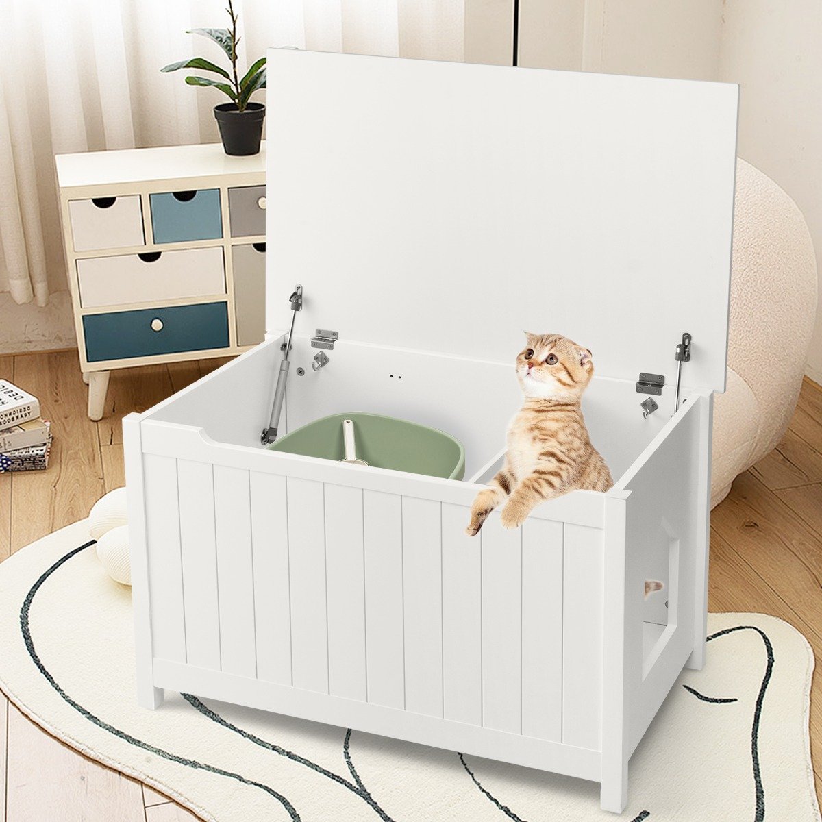 Katzentoiletten Gehäuse mit oberer Öffnung & abnehmbarer Trennwand & Metallhaken & Bein aus Kiefernholz Weiß