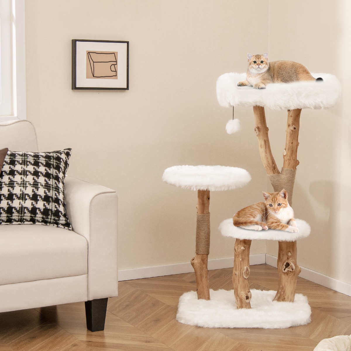Holz Kratzbaum mit Plüschsitzfläche & 2 Plattformen & Spielball & Kratzpfosten Katzenbaum