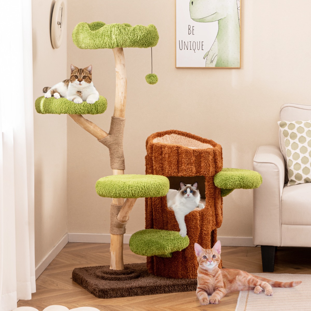 Katzenbaum mit Baumloch-Design & 2 Stöckigem Katzenhaus & Kratzsäulen & Sisal Paneel