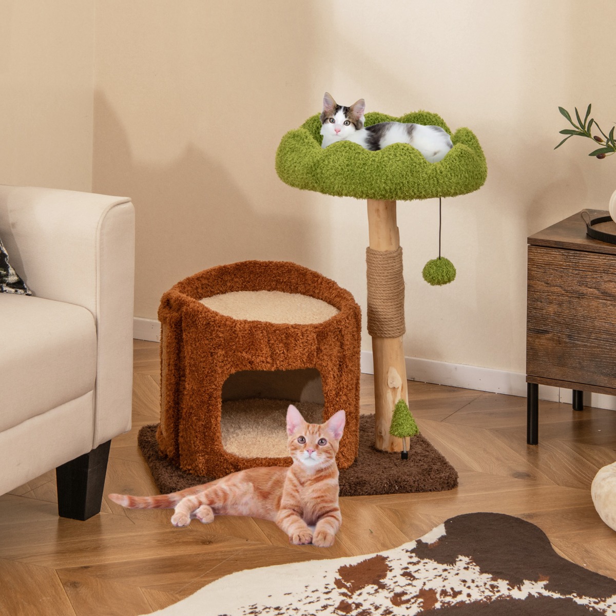Kratzbaum Katzen Katzenbaum mit Katzenhöhle in Baumlochform Braun+Grün 60 x 46 x 73 cm