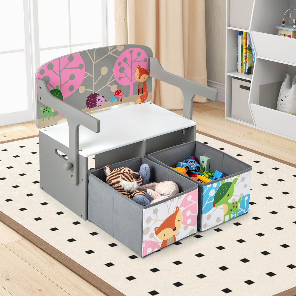 3 in 1 Kinder Tisch & Stuhl-Set mit 2 Abnehmbaren Stoffkörben zum Malen & Spielen & Lernen Grau