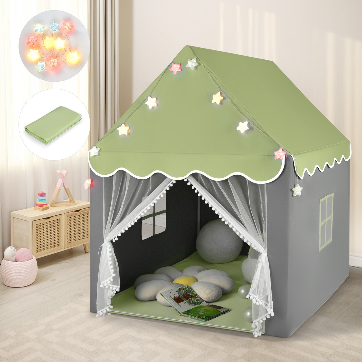 Kinder-Spielzelt mit waschbarer Matte & Sternenlichter & Fenster 105 x 121 x 136 cm Grün