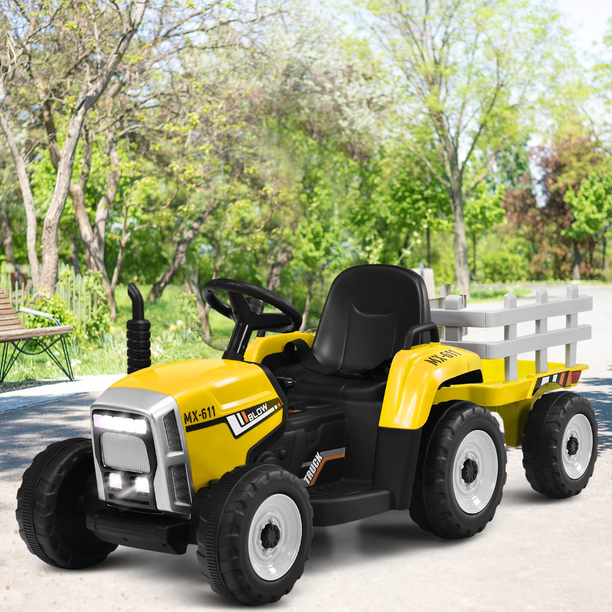 12 V Kinder-Traktor mit Anhänger Batteriebetriebenes Elektrisches Spielzeugauto Gelb