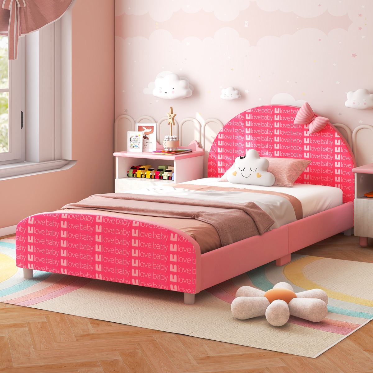 140 x 70 cm Kinderbett mit Weichem Kopfteil & Fußteil Lattenrost Babybett Rosa Schleife