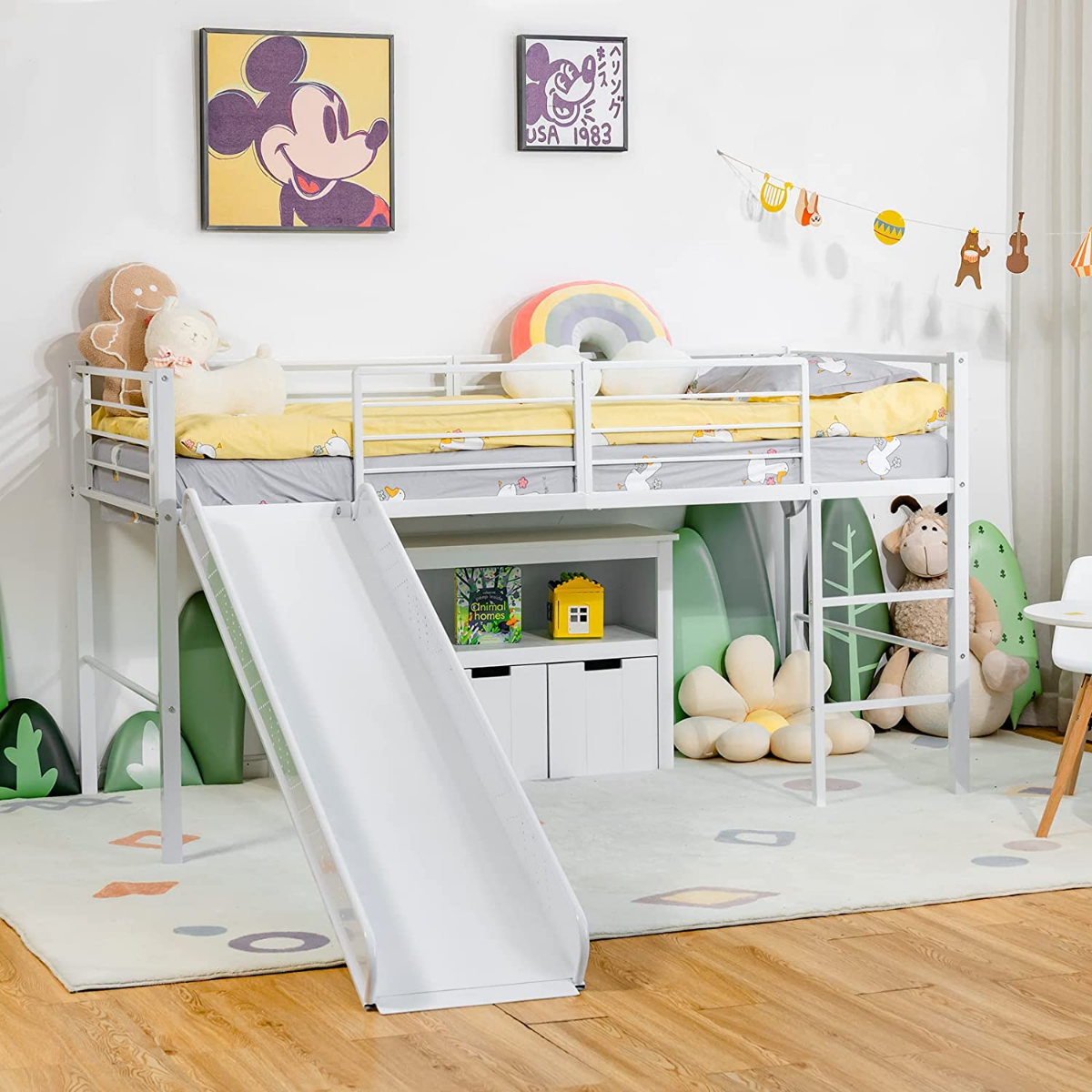 Hochbett Kinderbett-Rahmen mit mit Lattenrost & Rausfallschutz 198 x 96 x 109 cm Weiß