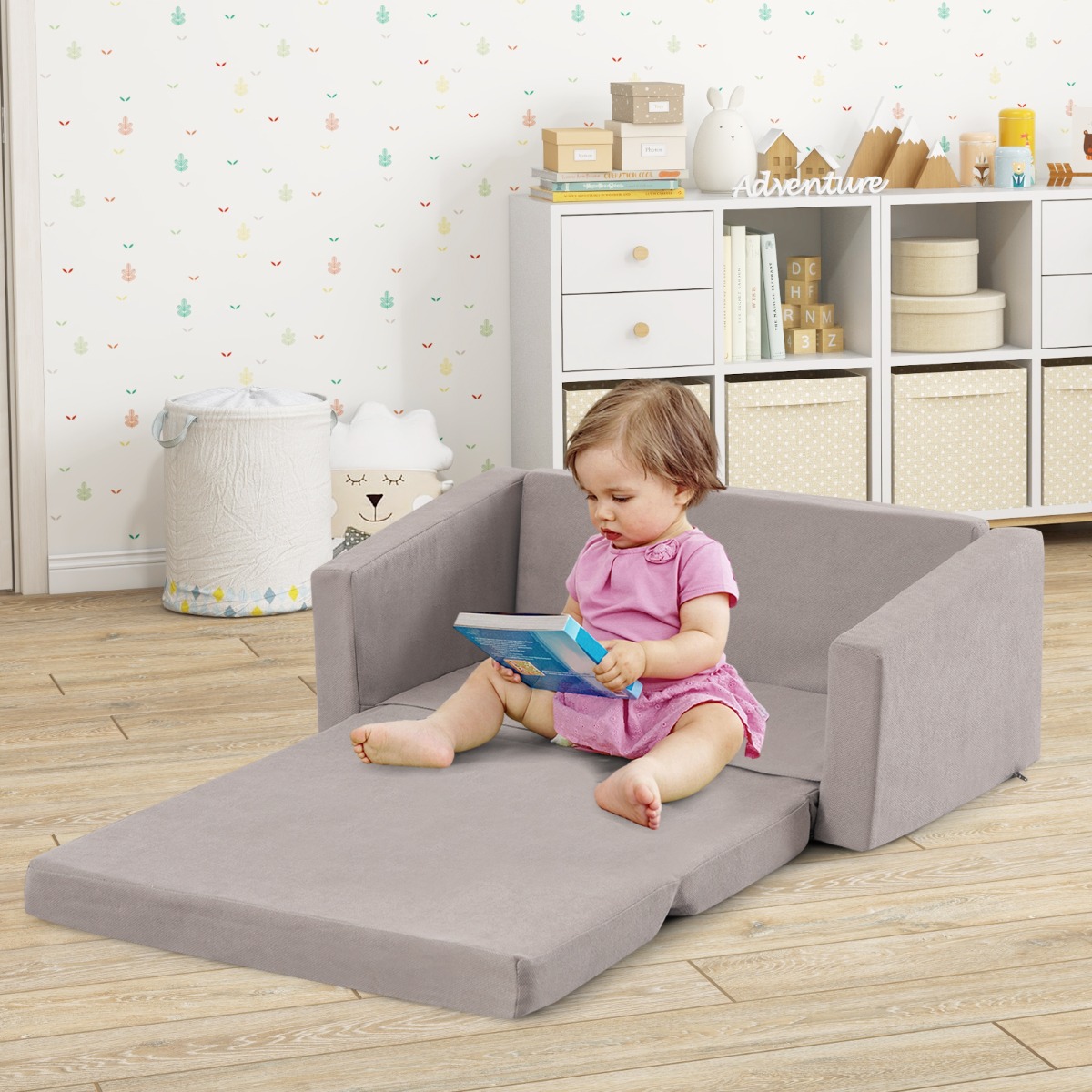 2 in 1 Klappbares Kindersofa mit Samtstoff Gepolsterter Kindersessel 77 x 43 x 40 cm Dunkelgrau