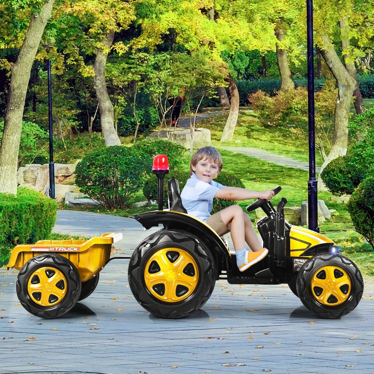 12V Traktor mit 2,4G Fernbedienung & abnehmbarem Anhänger für Kinder 3-8 J. Gelb