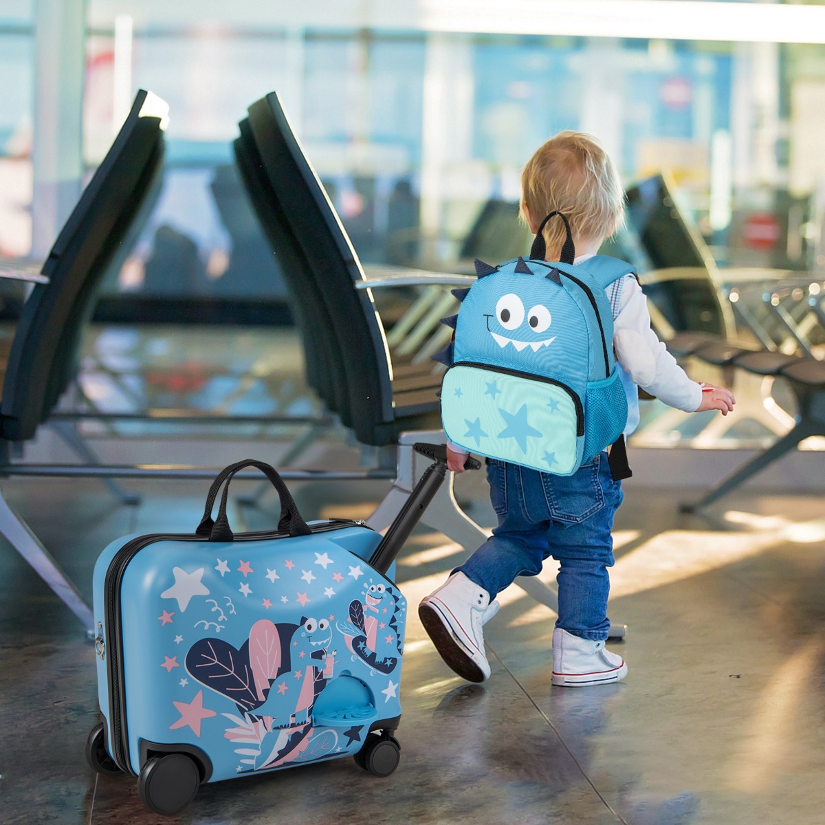 2tlg Kinderkoffer + Rucksack 12"+18" Kindertrolley mit Rollen & wasserdichter Hartschale Dinosaurier