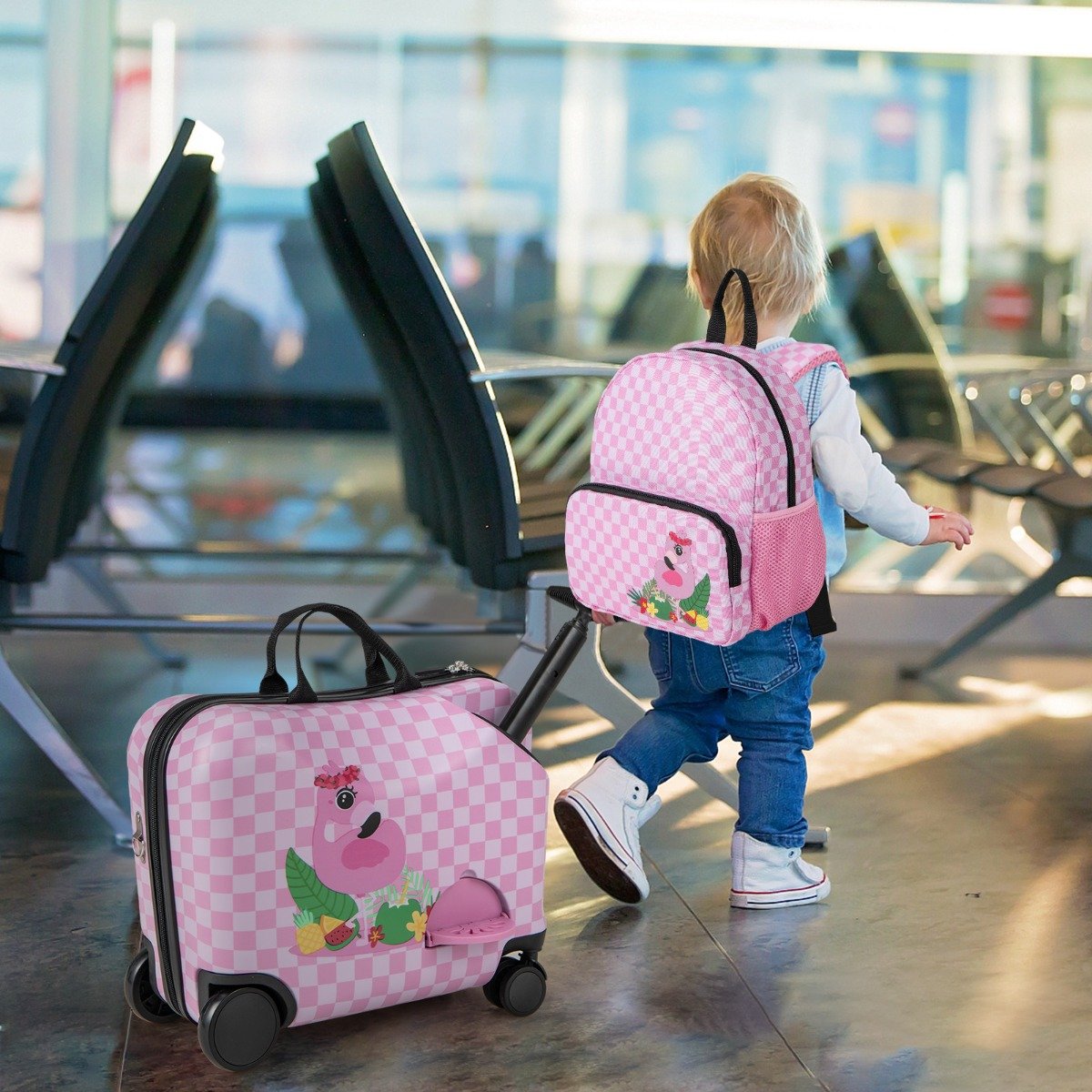 2tlg Kinderkoffer + Rucksack 12"+18" Kindertrolley mit Rollen & wasserdichter Hartschale Flamingo