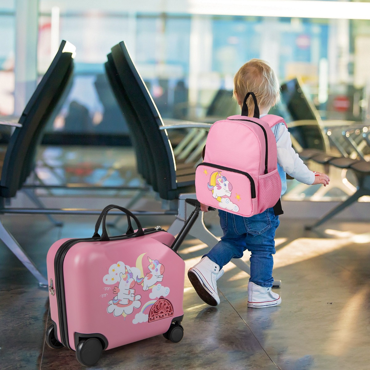 2tlg Kinderkoffer + Rucksack 12"+18" Kindertrolley mit Rollen & wasserdichter Hartschale Rosa Einhorn
