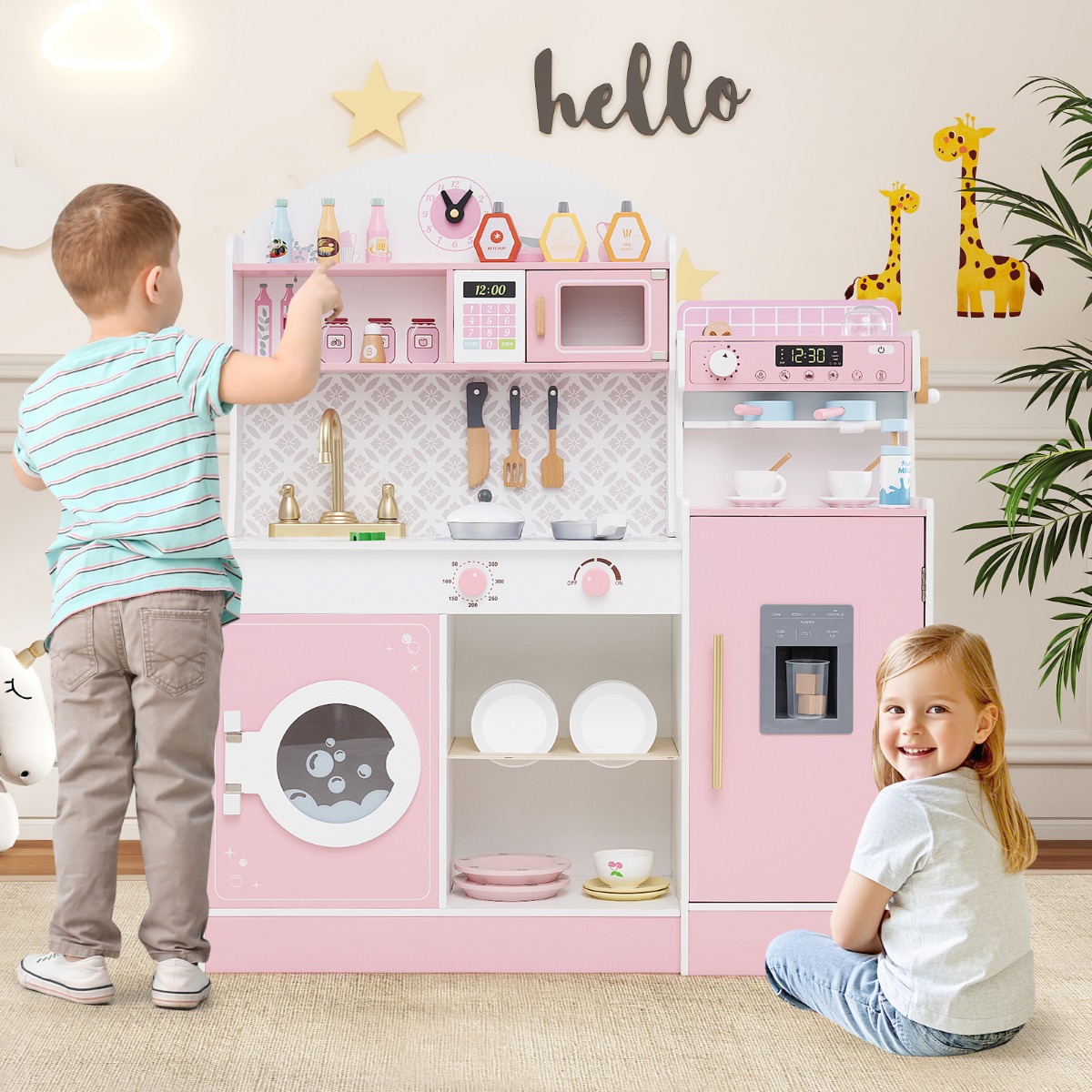 Kinderküche mit 27 Zubehör Spielküche Holz mit Uhr Mikrowelle Rosa