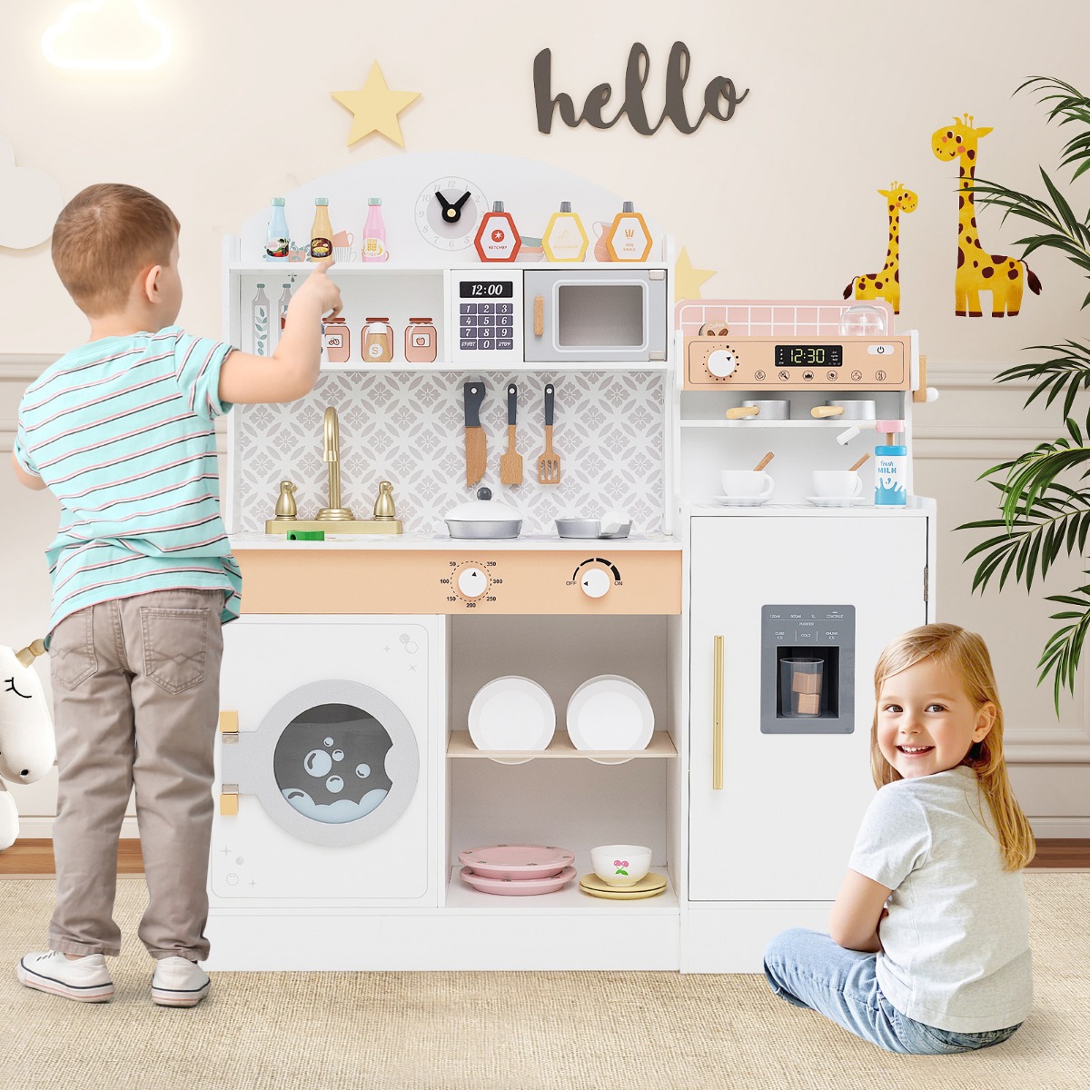 Kinderküche mit 27 Zubehör Spielküche Holz mit Uhr Mikrowelle Weiß