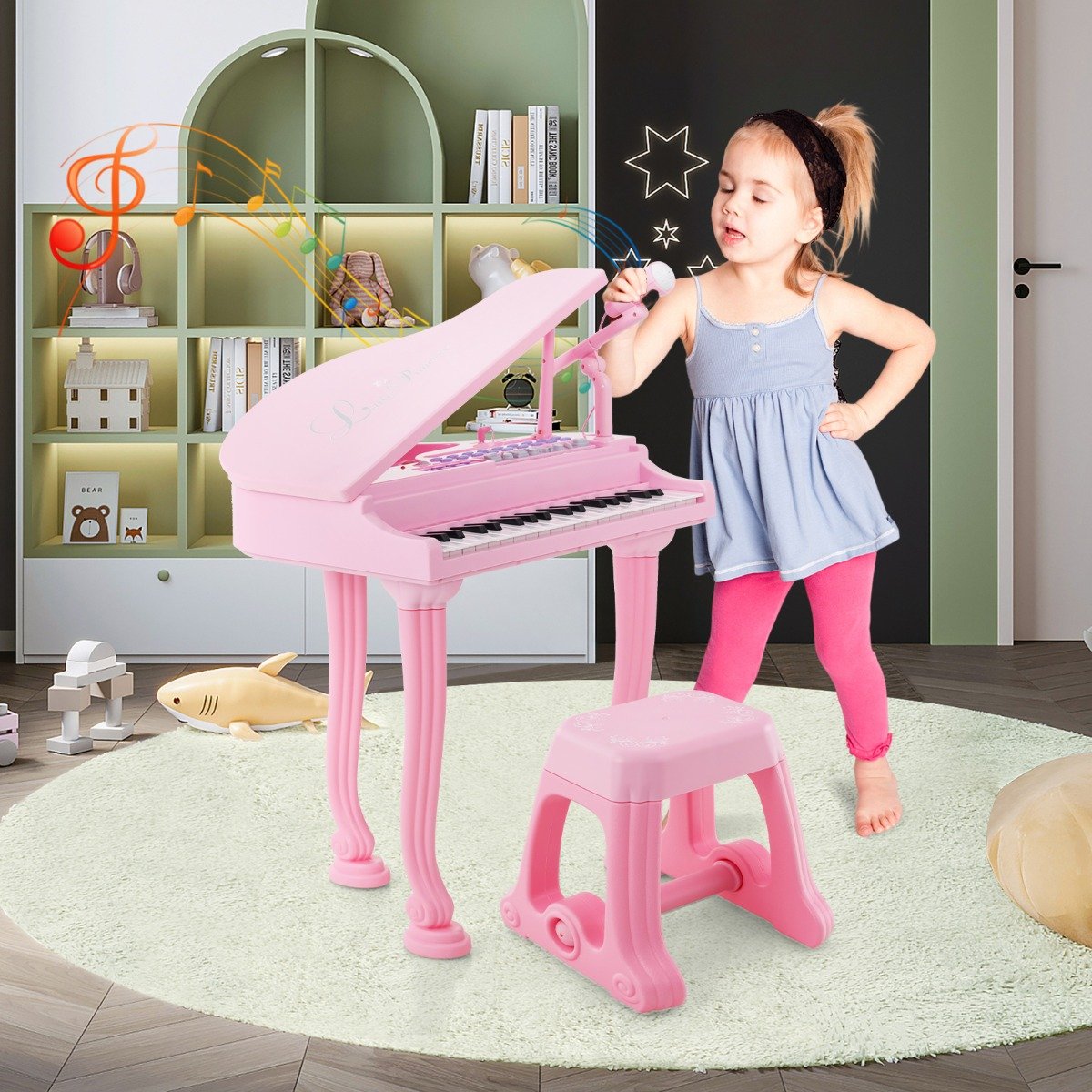 Kinder Keyboard mit 37 Tasten & Hocker Elektronische Klaviertastatur 47 x 37 x 70 cm Rosa