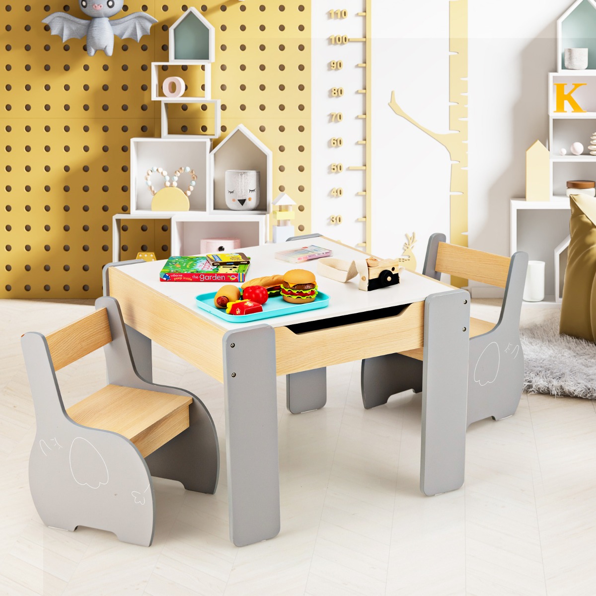 4 in 1 3tlg. Kindersitzgruppe aus Holz mit Abnehmbarer Tafel &amp; Stauraum Grau
