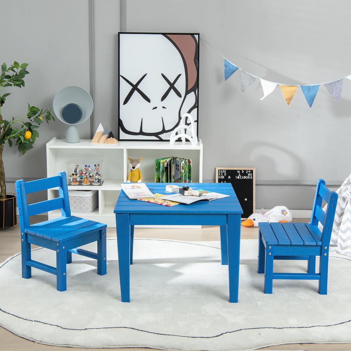3 tlg. Kinder Tisch- & Stuhlset Holz Spieltisch Set mit 2 Stühlen zum Malen & Lesen Kindermöbelset Blau