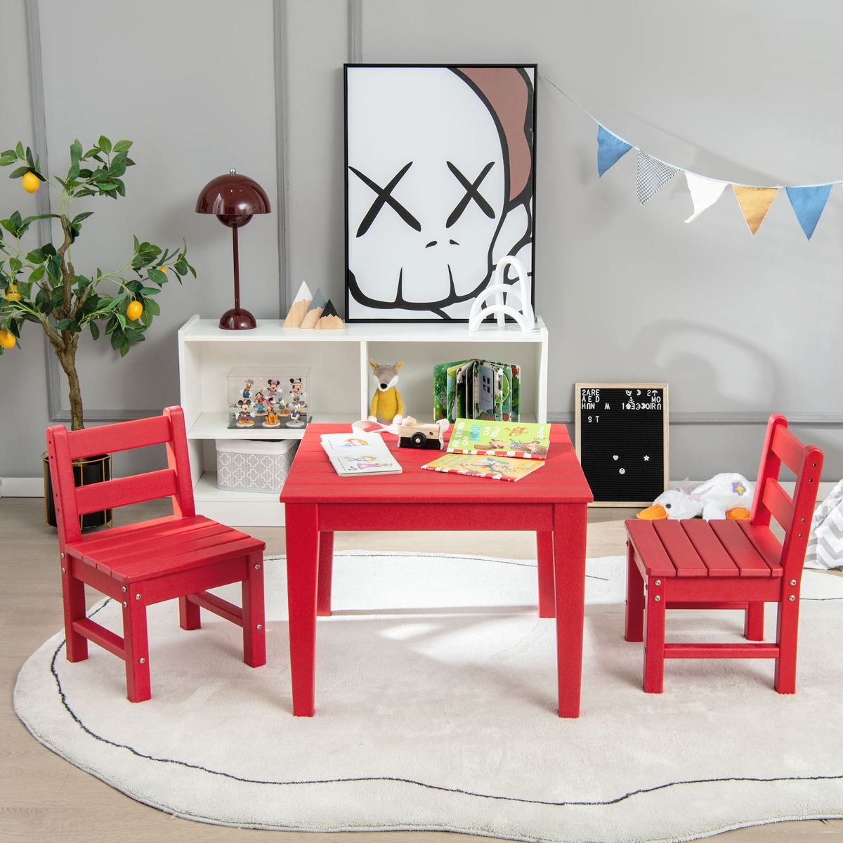 3 tlg. Kinder Tisch- & Stuhlset Holz Spieltisch Set mit 2 Stühlen zum Malen & Lesen Kindermöbelset Rot