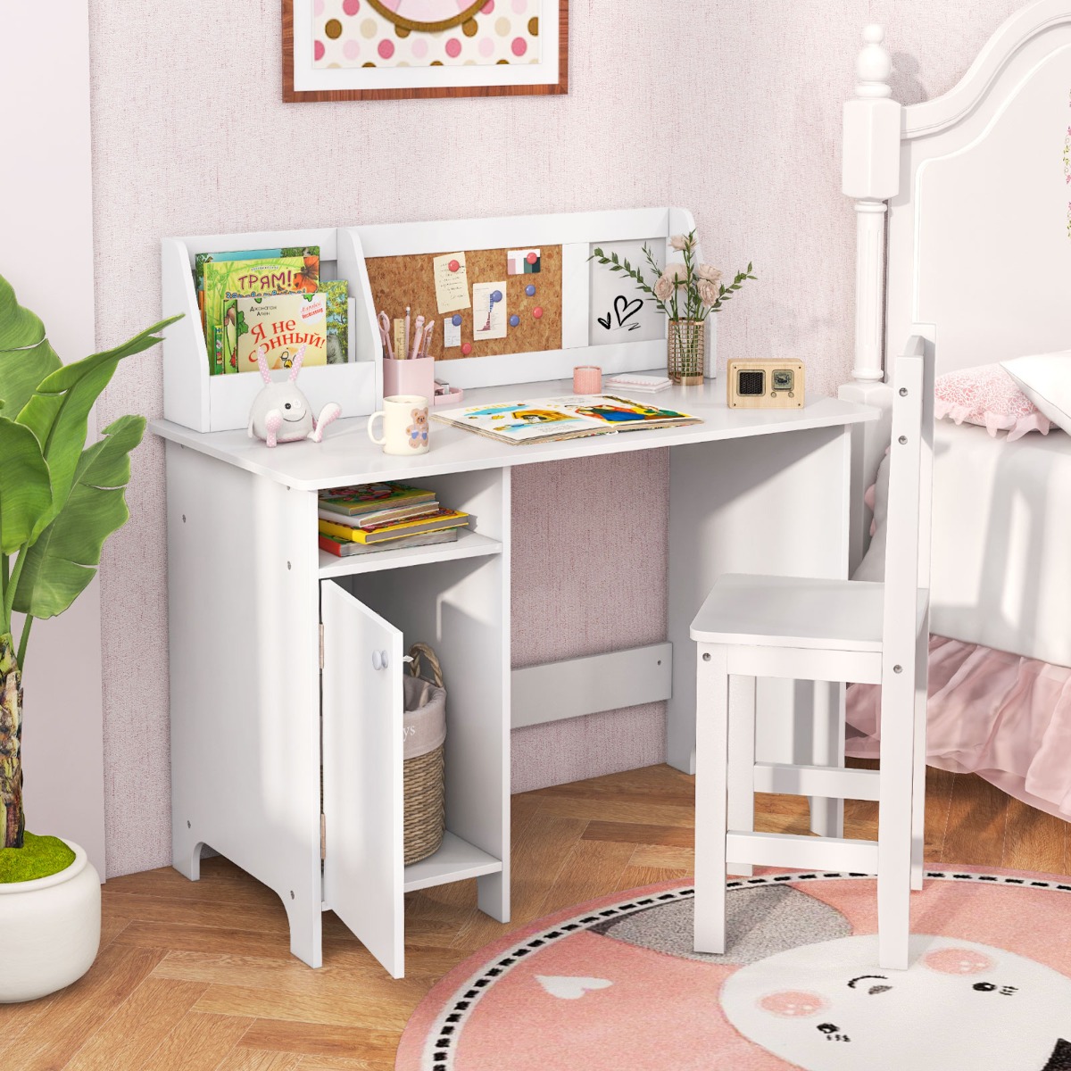 Holz Kinderschreibtisch Set mit Stuhl & Bücherregal & Schrank & Pinnwand Schreibtisch Weiß