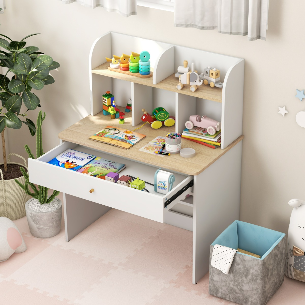 Kinder Schreibtisch aus Holz mit Schublade & Ablagefach Schülerschreibtisch Kindertisch Weiß