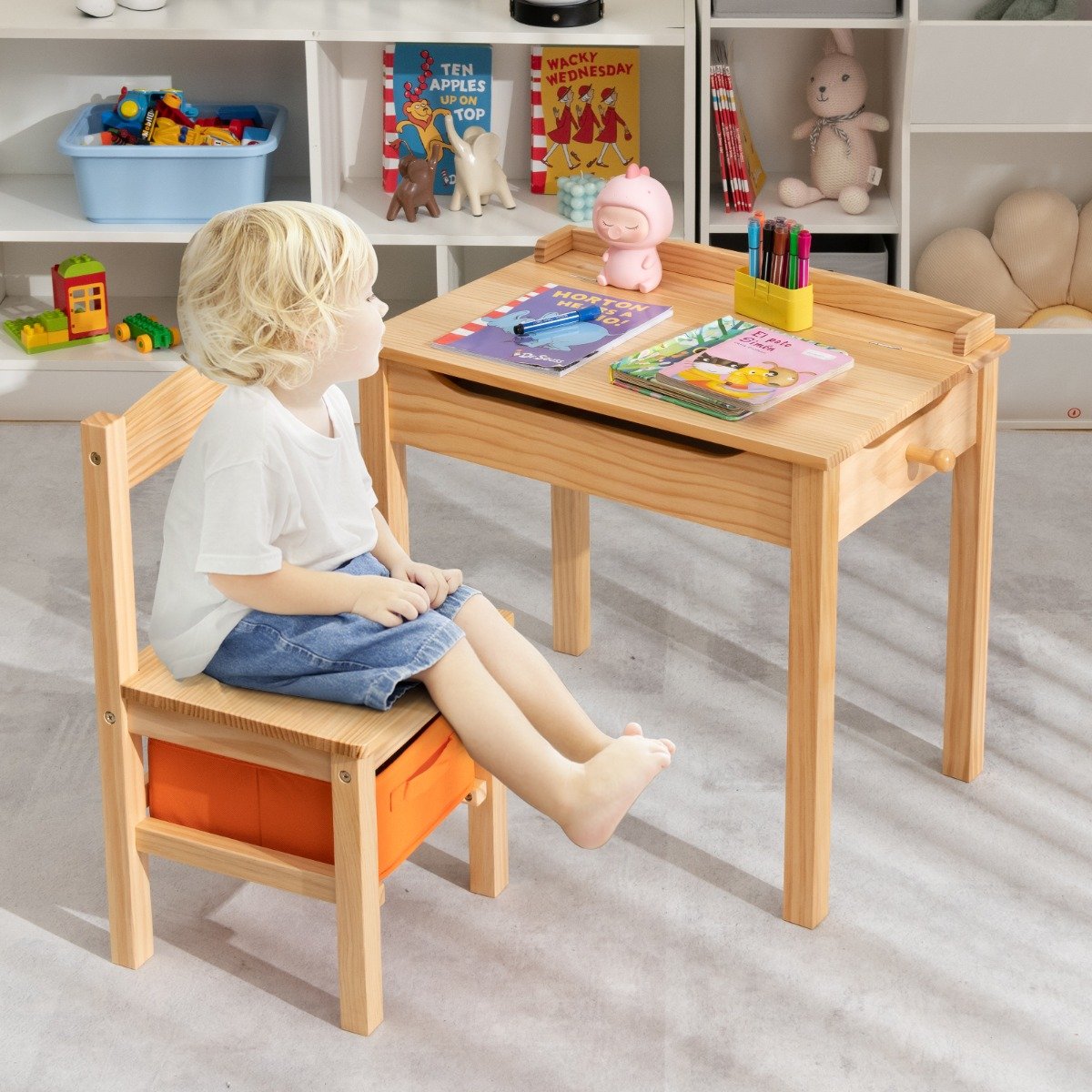 Kindertisch + Stuhl aus Massivholz mit Klappbarer Tischplatte & Schublade & Haken Natur