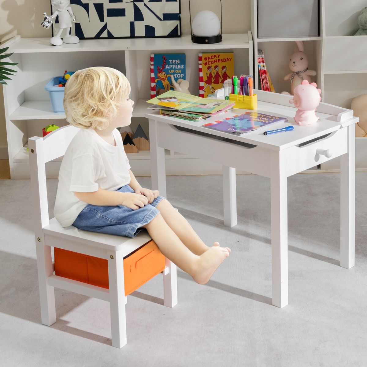 Kindertisch + Stuhl aus Massivholz mit Klappbarer Tischplatte & Schublade & Haken Weiß