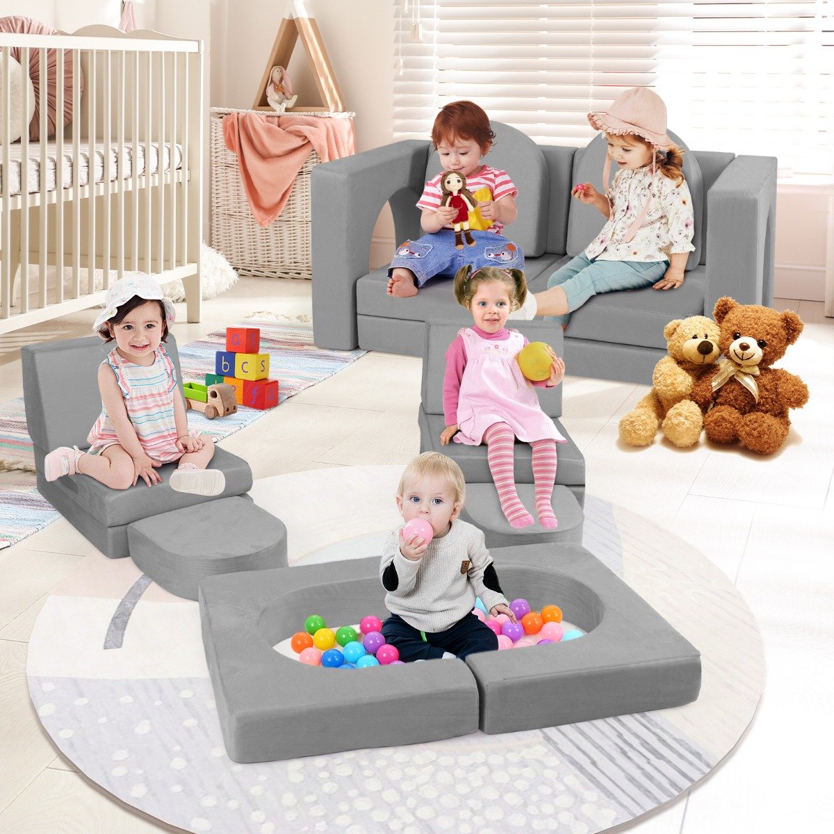 Kindersofa 8-teilig Spielsofa aus Schaumstoff Bausteine mit bequemem Wildlederstoff Grau