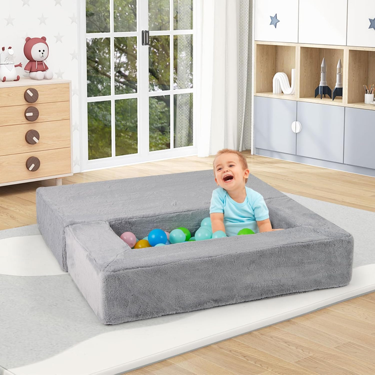 Modulares Kindersofa Spielsofa aus Schaumstoff mit abnehmbarem Plüschbezug Grau