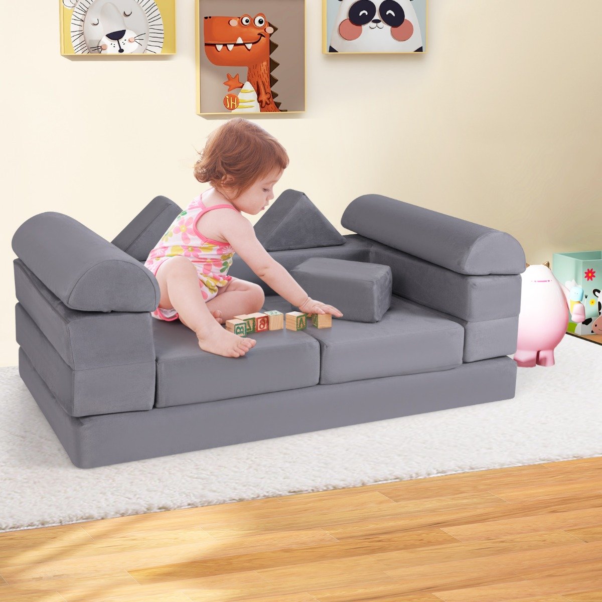 Modulares Kindersofa 9-teiliges Spielsofa aus Schaumstoff Bausteine mit bequemem Wildlederstoff Grau