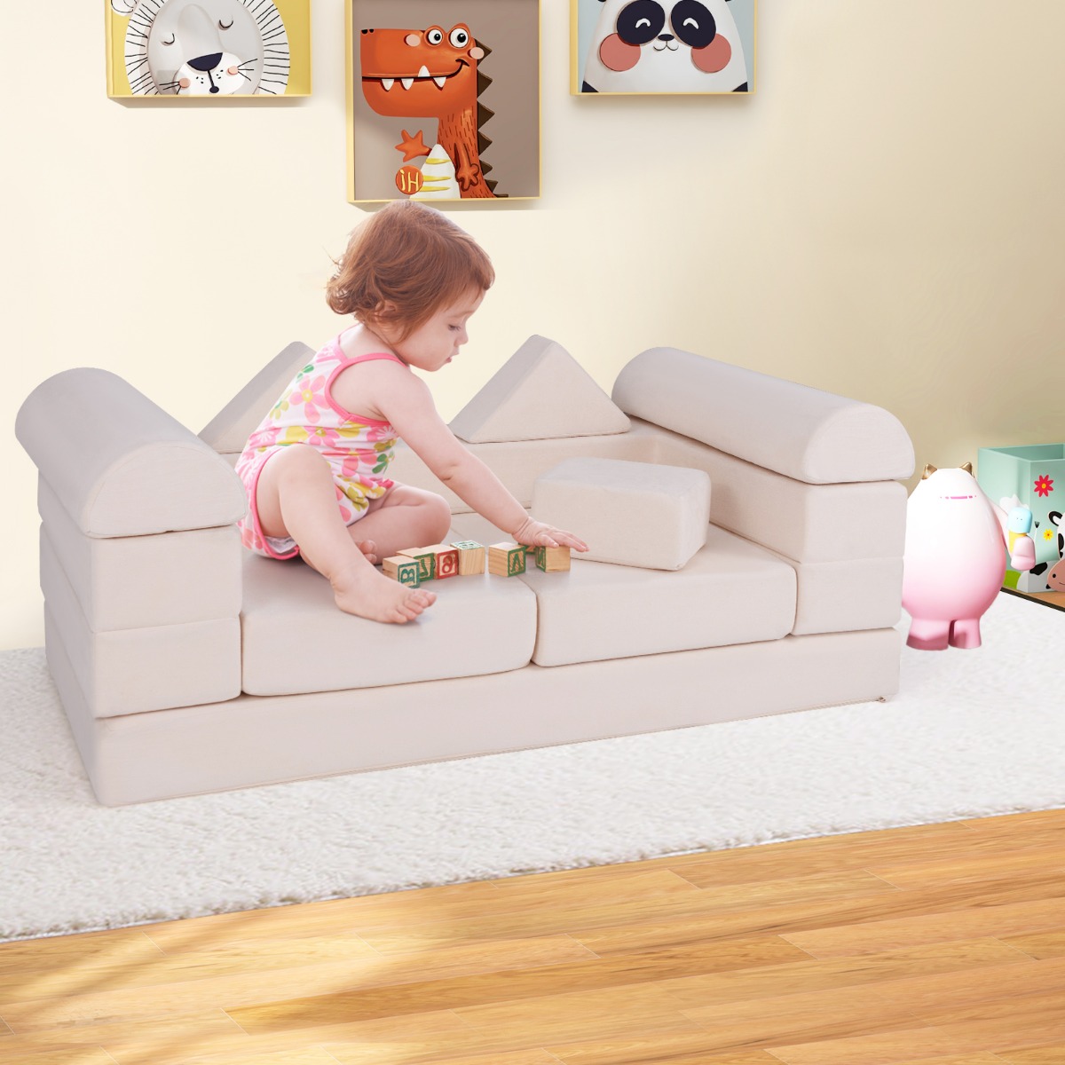 Modulares Kindersofa 9-teiliges Spielsofa aus Schaumstoff Bausteine mit bequemem Wildlederstoff Beige