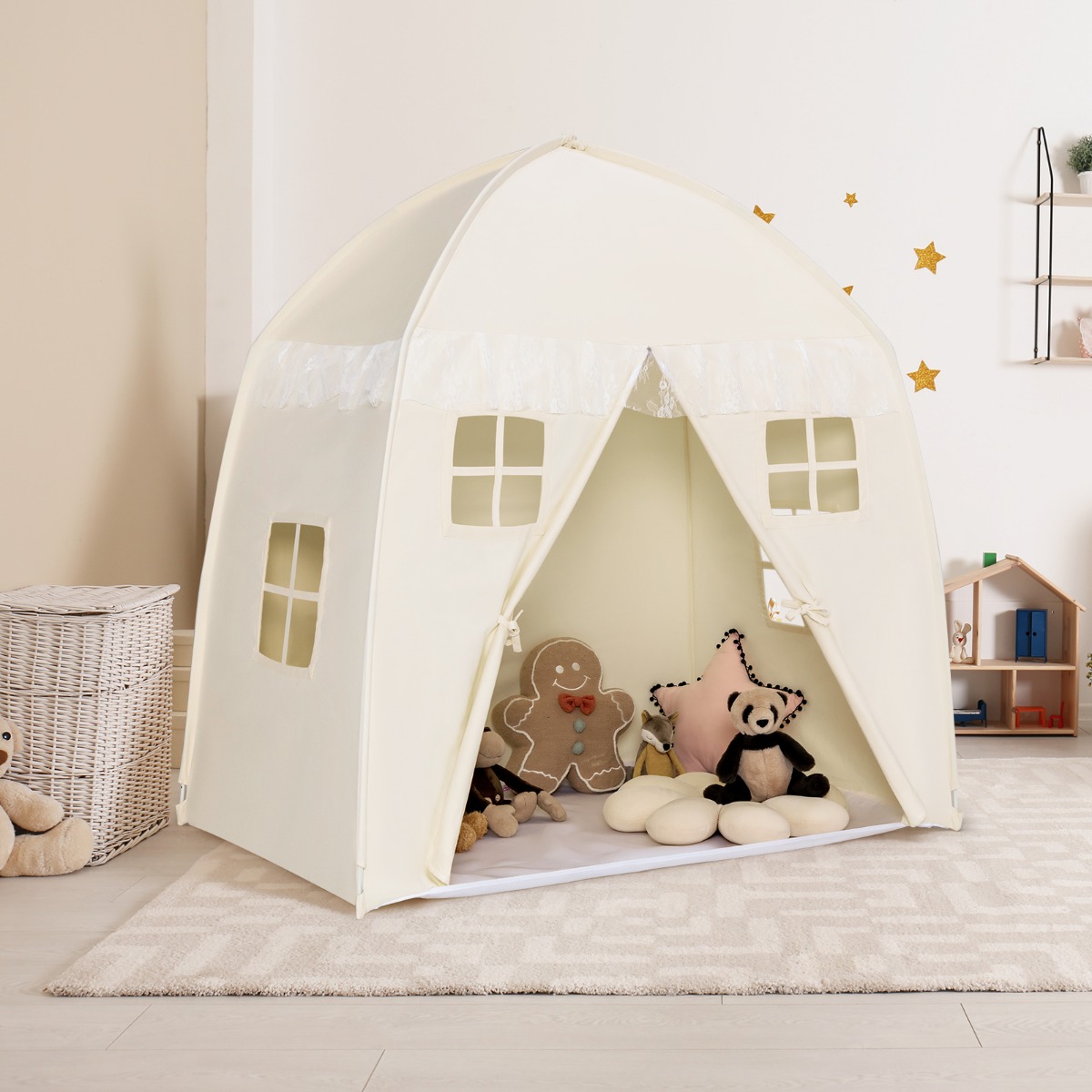 Kinderzelt Großes Prinzessinnenzelt mit Tragetasche Anti-Rutsch-Matte Reißverschluss Beige