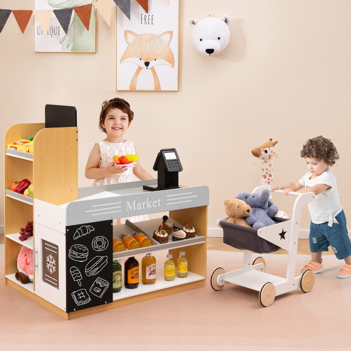 Realistischer Kindersupermarkt mit Einkaufswagen Holz Lebensmittelladen für Kinder ab 3 Jahren