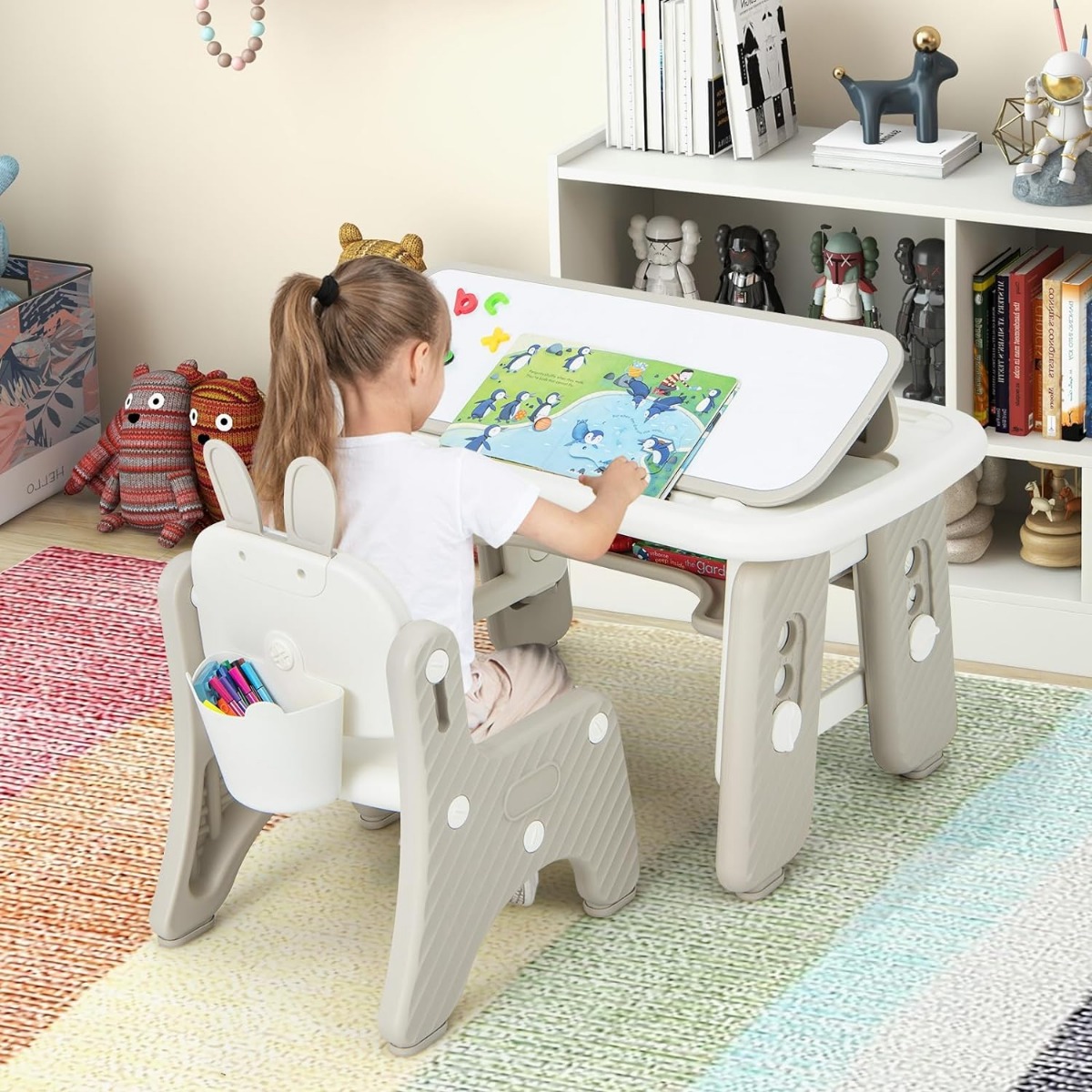 Kindertisch- und Stuhlset Kunsttisch und Stuhl für Kleinkinder mit aufklappbarem Bücherregal Grau